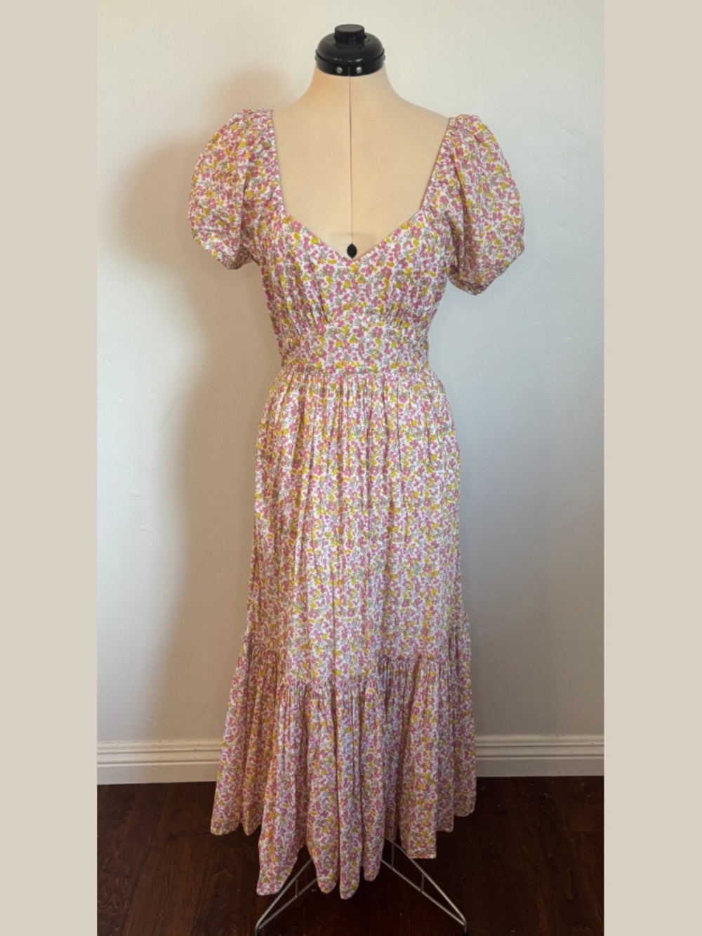 LoveShackFancy Angie Midi/Maxi Dress, Pink Yellow Purple Floral, Puff, Ruffle, 0